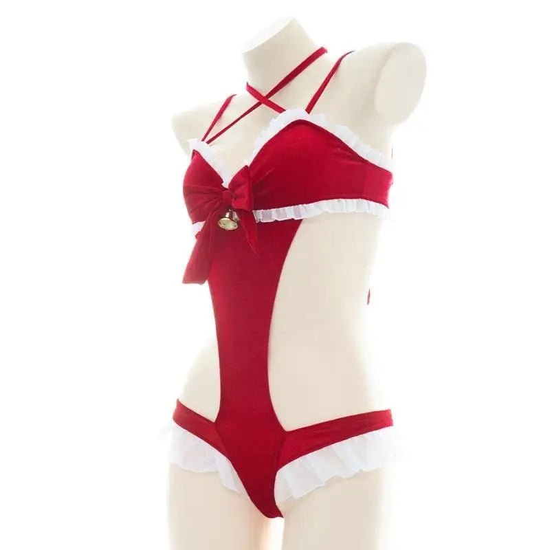Mrs. Claus Inspired Lingerie Set with Bow Embellishments - Cosparty