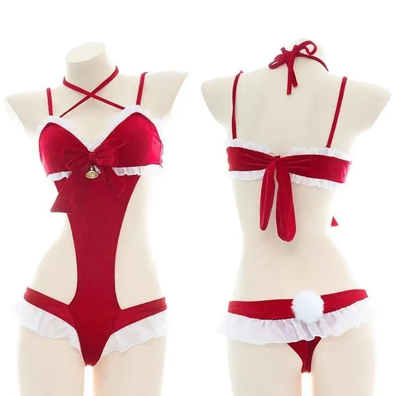 Mrs. Claus Inspired Lingerie Set with Bow Embellishments - lingerie set