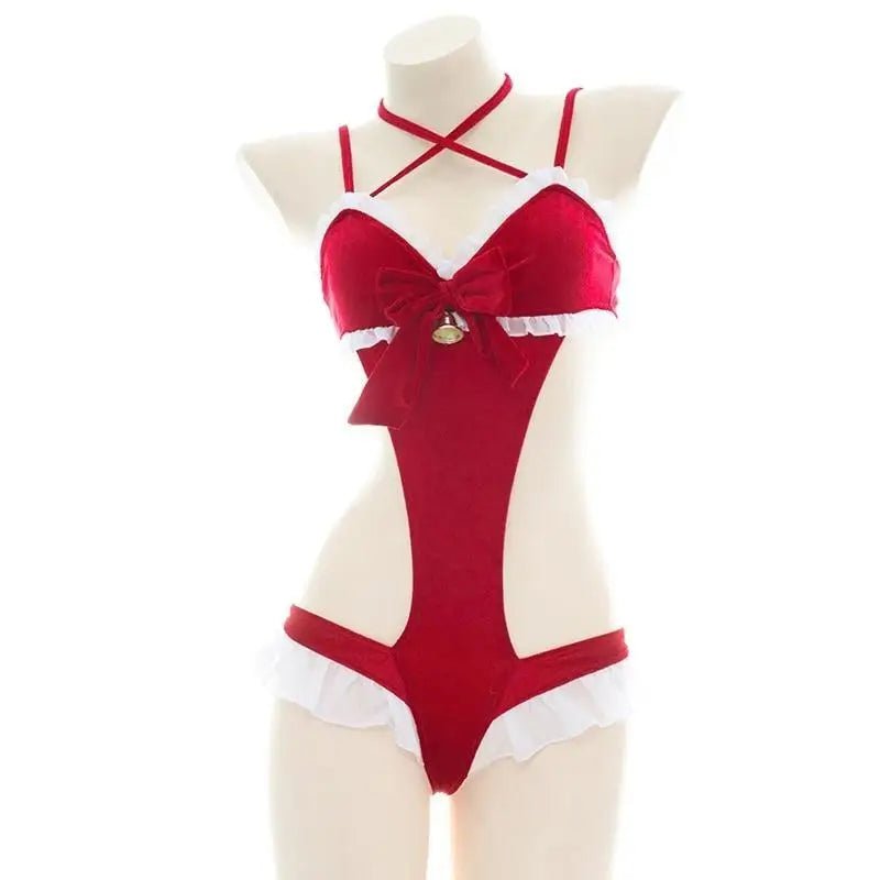 Mrs. Claus Inspired Lingerie Set with Bow Embellishments - Cosparty