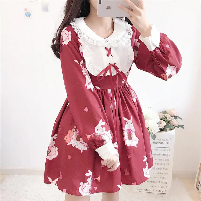 Musical Bunny Printed Lolita Dress in Red Wine Instock - dress