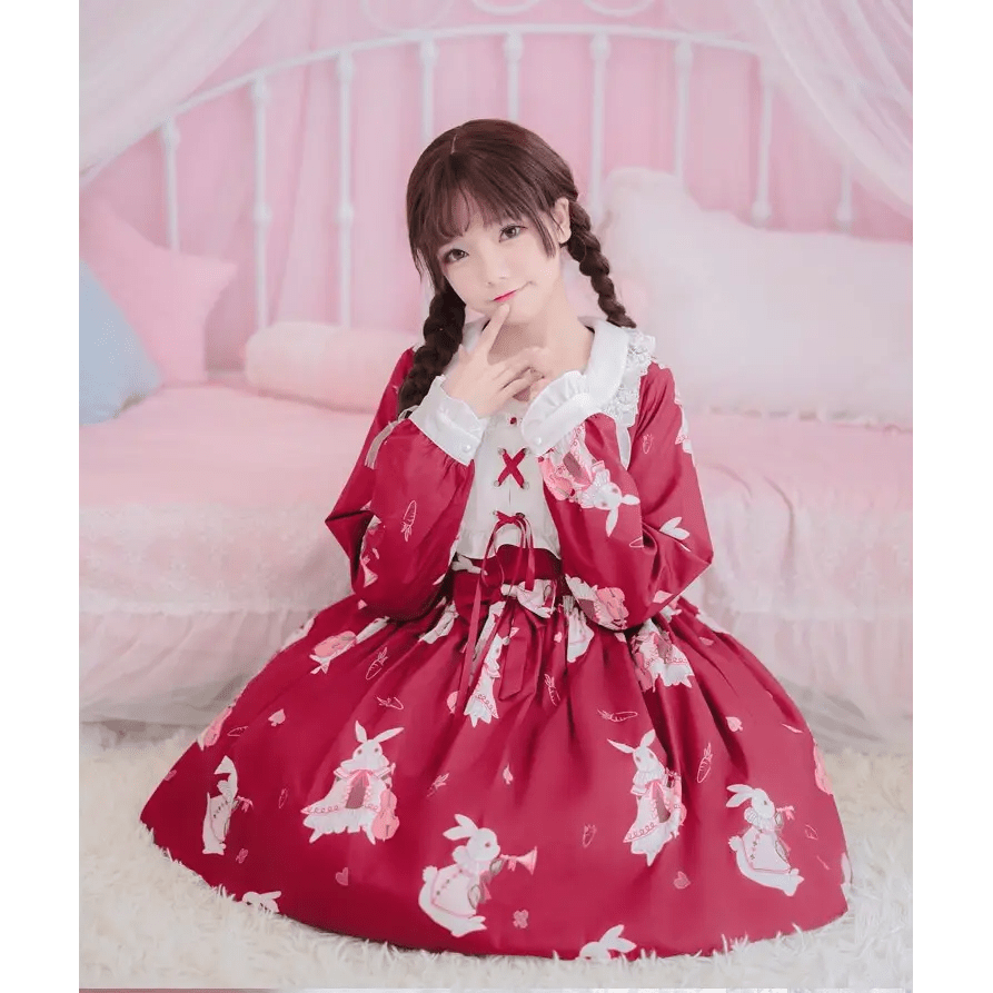 Musical Bunny Printed Lolita Dress in Red Wine Instock - Cosparty