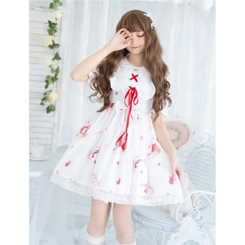 Musical Bunny Printed Lolita Dress in Red Wine Instock - dress