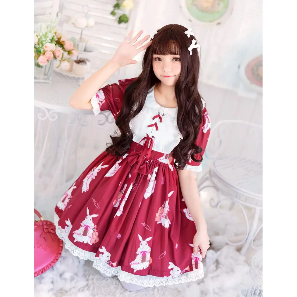 Musical Bunny Printed Lolita Dress in Red Wine Instock - dress