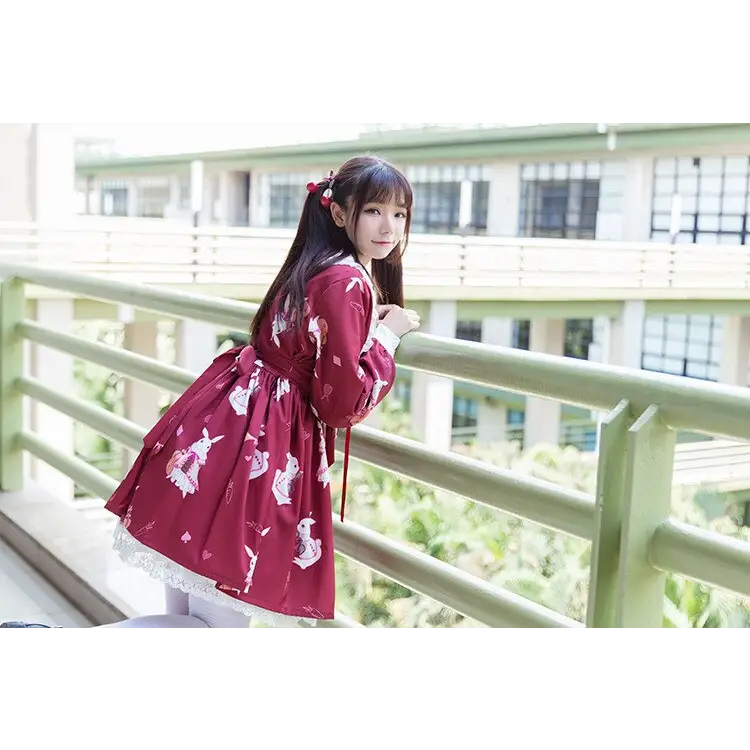 Musical Bunny Printed Lolita Dress in Red Wine Instock - dress