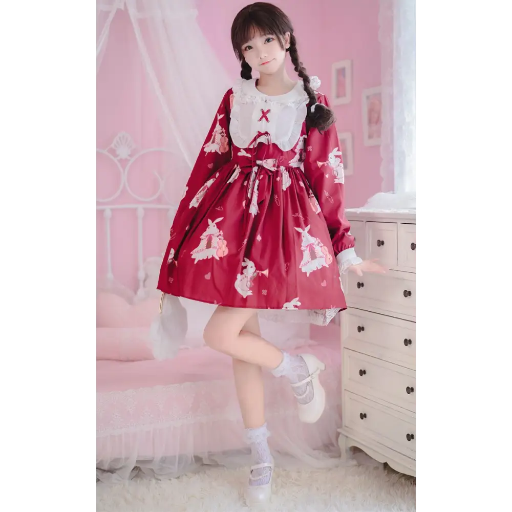 Musical Bunny Printed Lolita Dress in Red Wine Instock - dress