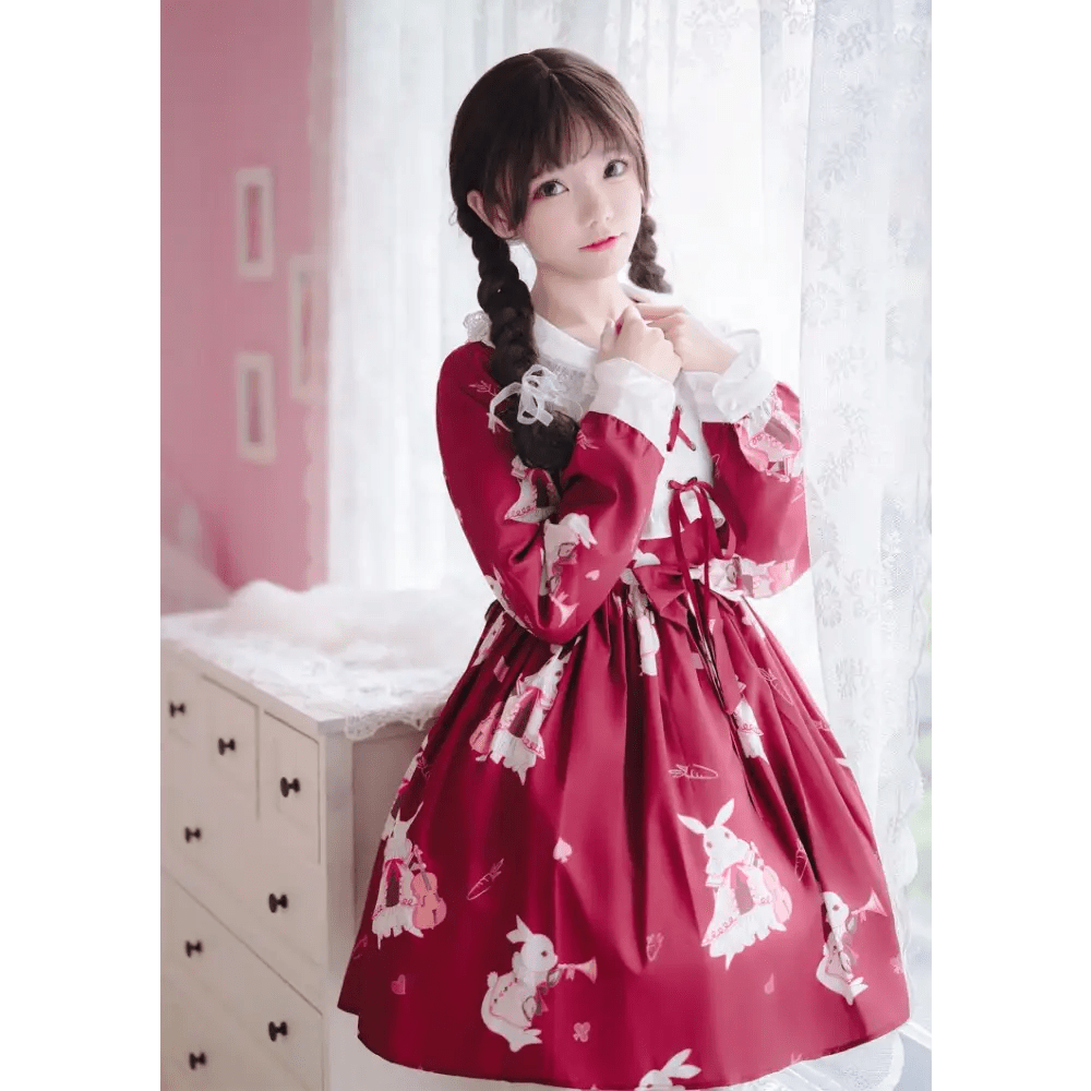 Musical Bunny Printed Lolita Dress in Red Wine Instock - Cosparty