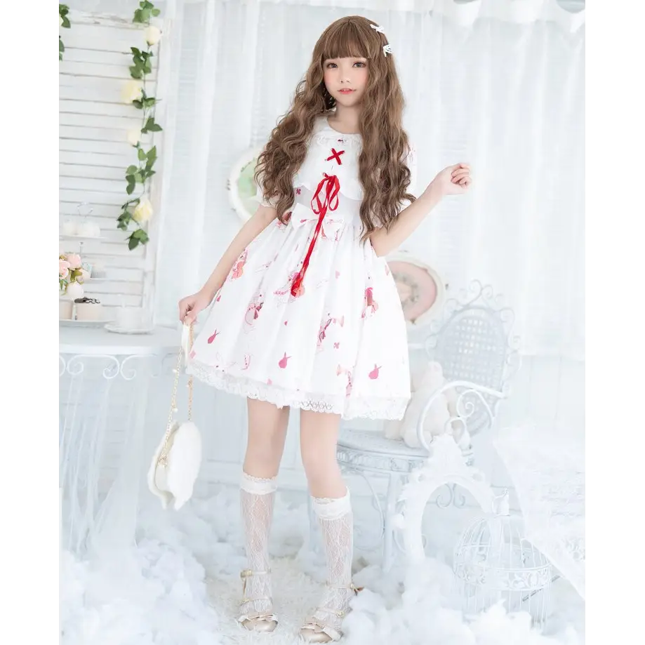 Musical Bunny Printed Lolita Dress in Red Wine Instock - White Dress / S - dress