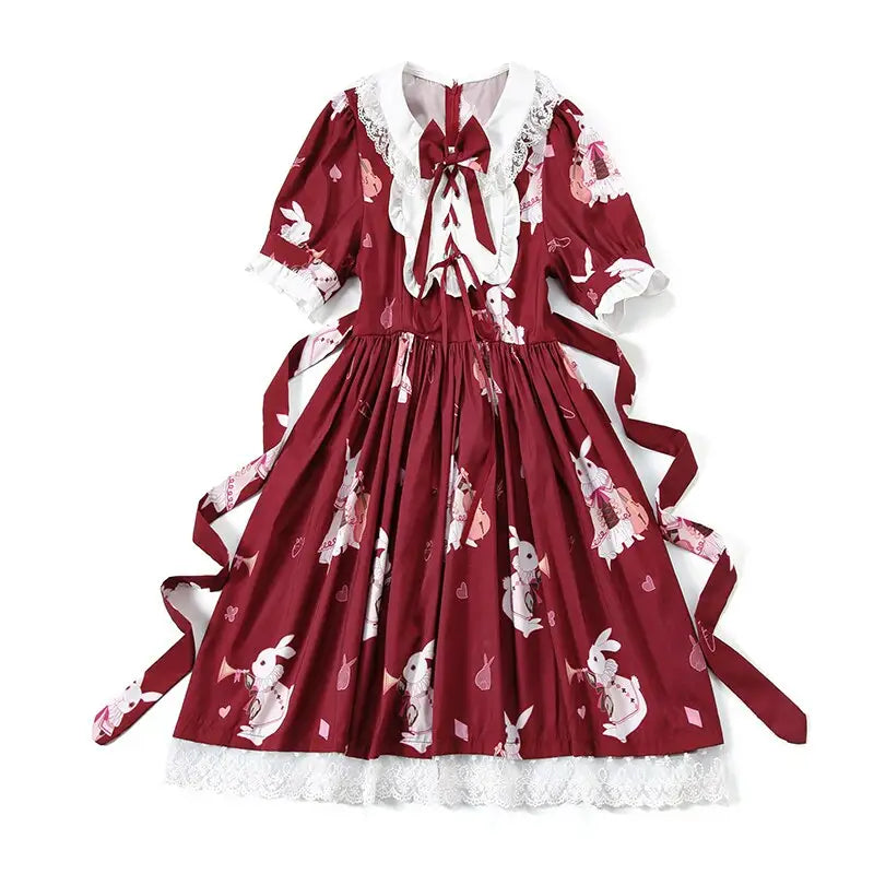 Musical Bunny Printed Lolita Dress in Red Wine Instock - dress