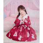 Musical Bunny Printed Lolita Dress in Red Wine Instock - Red Wine Dress / S - dress