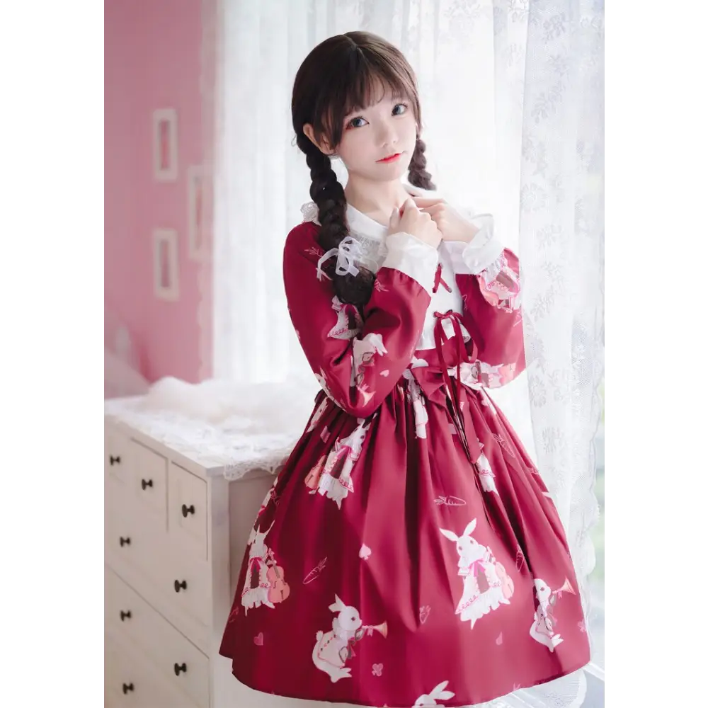 Musical Bunny Printed Lolita Dress in Red Wine Instock - dress