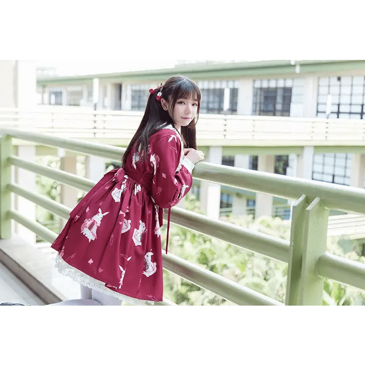 Musical Bunny Printed Lolita Dress in Red Wine Instock - Cosparty