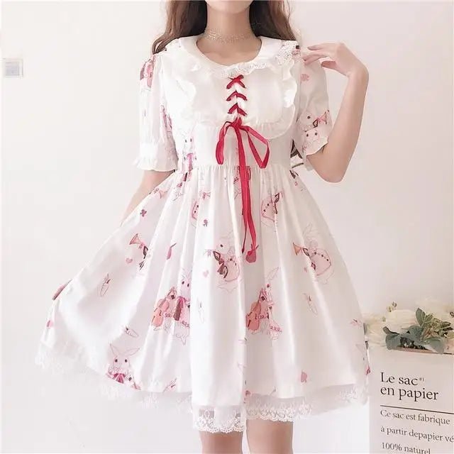 Musical Bunny Printed Lolita Dress in Red Wine Instock - Cosparty