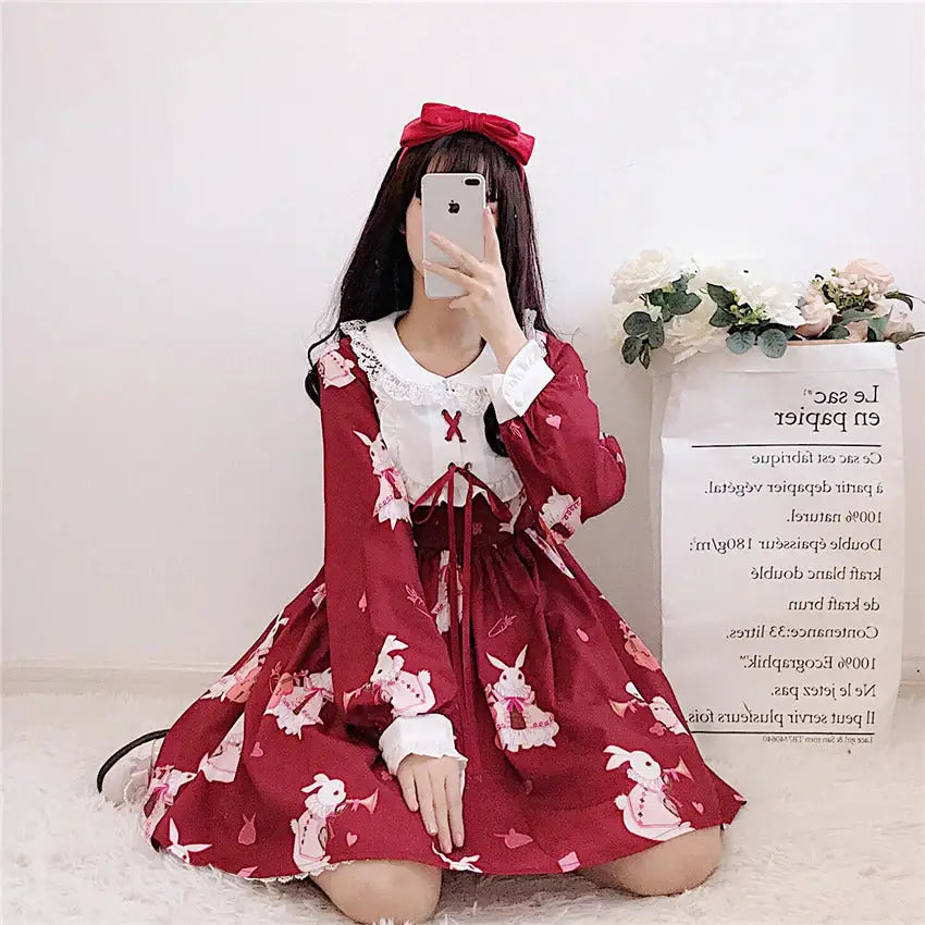 Musical Bunny Printed Lolita Dress in Red Wine Instock - dress