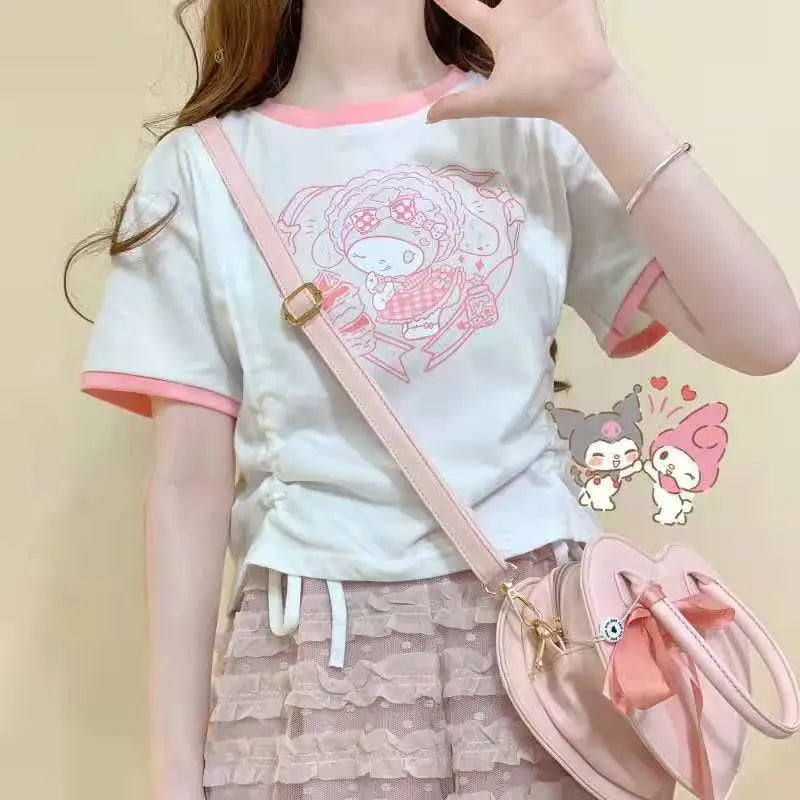 My Melody & Kuromi Cropped T-Shirt in Pink and White - shirt