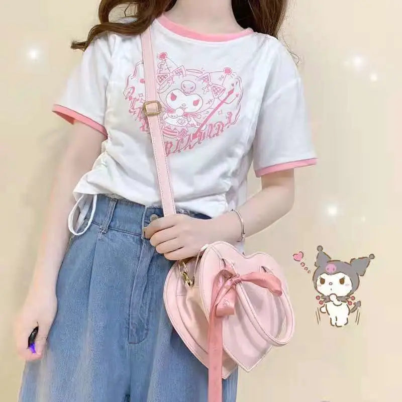 My Melody & Kuromi Cropped T-Shirt in Pink and White - shirt