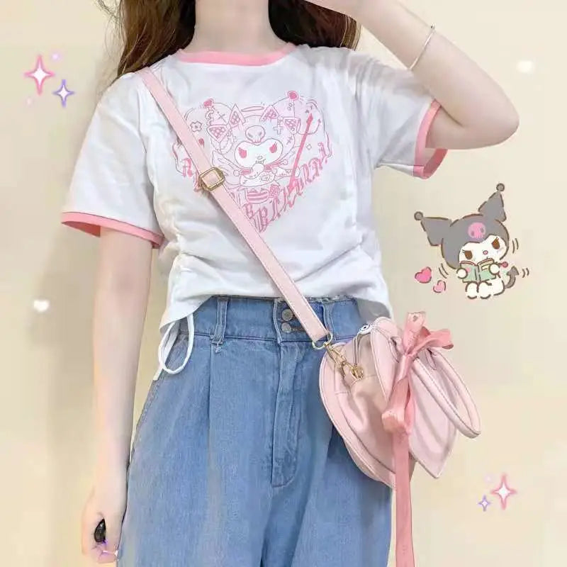 My Melody & Kuromi Cropped T-Shirt in Pink and White - shirt