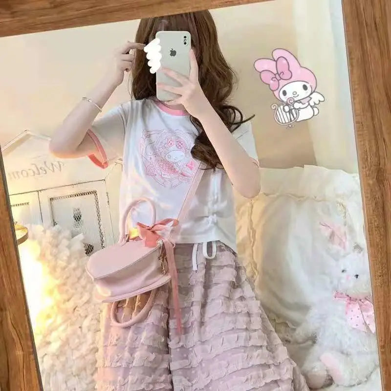 My Melody & Kuromi Cropped T-Shirt in Pink and White - shirt