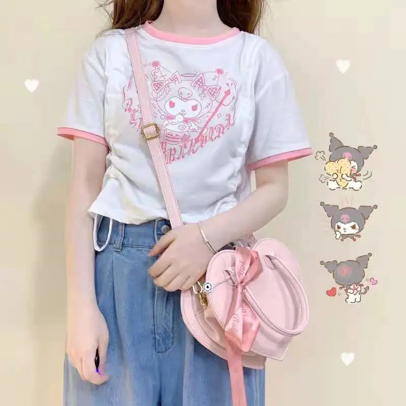 My Melody & Kuromi Cropped T-Shirt in Pink and White - shirt