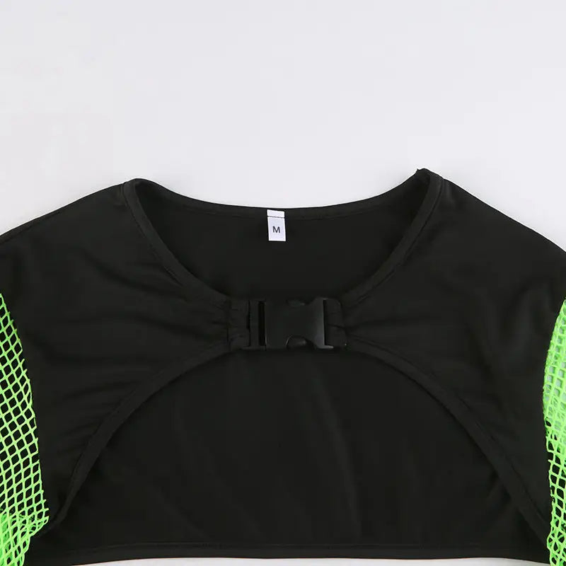 Neon Green Butterfly Crop Top with Mesh Long Sleeves - crop top