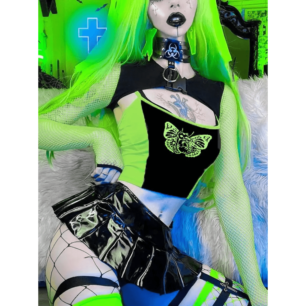 Neon Green Butterfly Crop Top with Mesh Long Sleeves - Cosparty