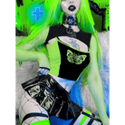 Neon Green Butterfly Crop Top with Mesh Long Sleeves - Cosparty