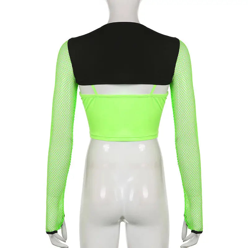 Neon Green Butterfly Crop Top with Mesh Long Sleeves - crop top