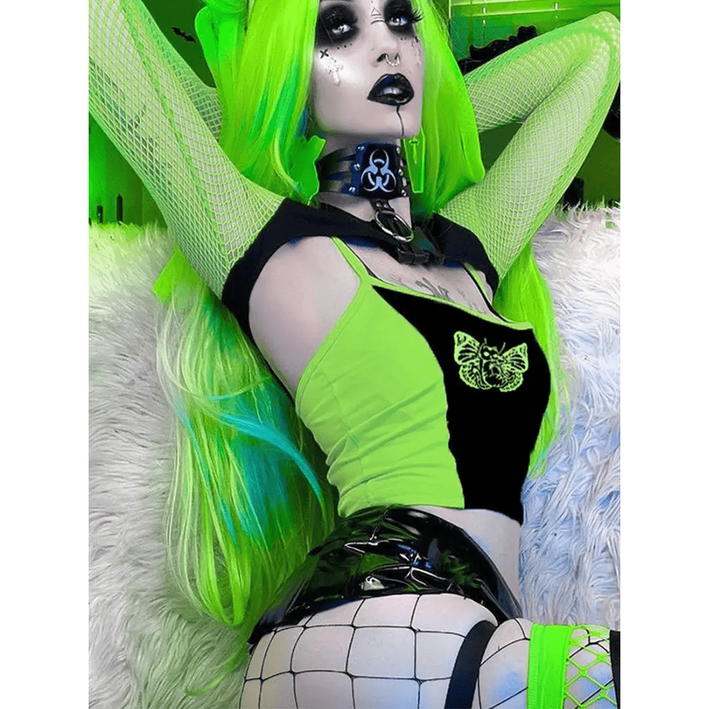 Neon Green Butterfly Crop Top with Mesh Long Sleeves - Cosparty