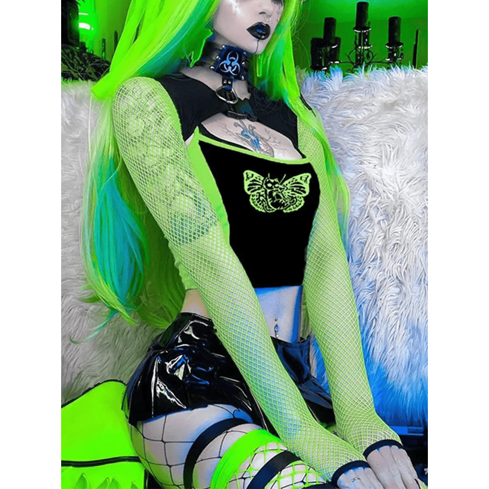 Neon Green Butterfly Crop Top with Mesh Long Sleeves - Cosparty