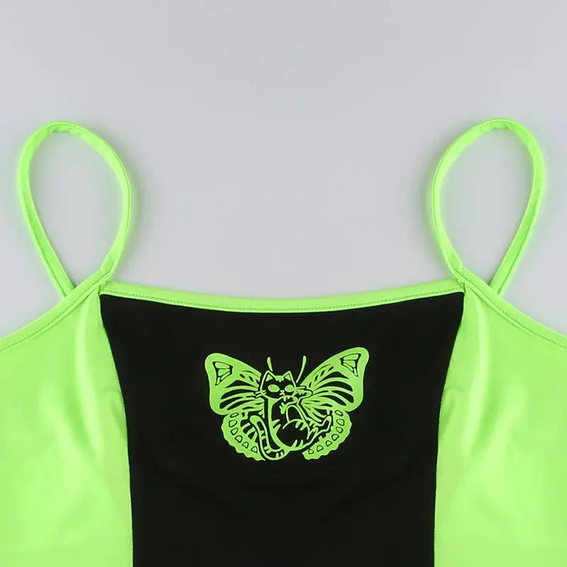 Neon Green Butterfly Crop Top with Mesh Long Sleeves - Cosparty