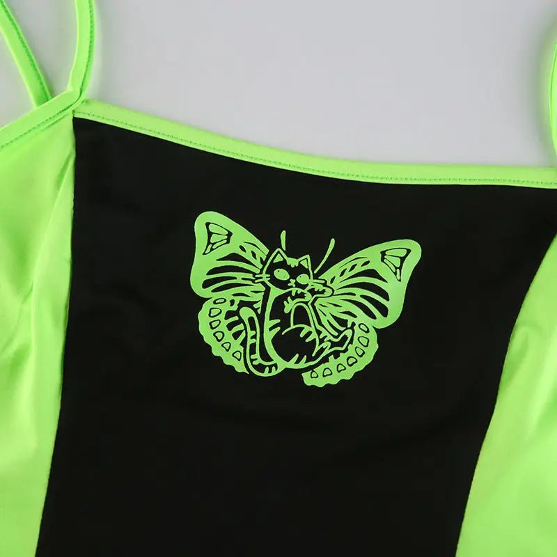 Neon Green Butterfly Crop Top with Mesh Long Sleeves - Cosparty