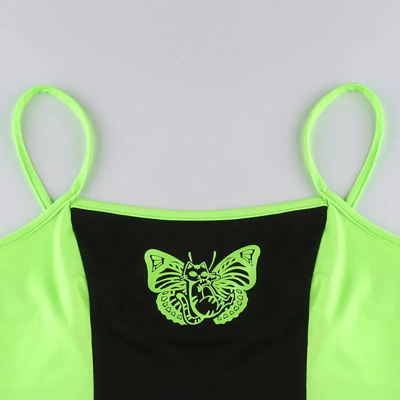 Neon Green Butterfly Crop Top with Mesh Long Sleeves - crop top