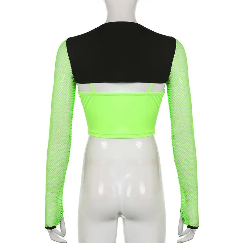 Neon Green Butterfly Crop Top with Mesh Long Sleeves - Cosparty