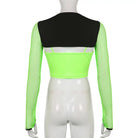 Neon Green Butterfly Crop Top with Mesh Long Sleeves - Cosparty