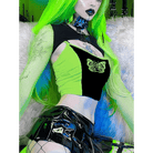 Neon Green Butterfly Crop Top with Mesh Long Sleeves - Cosparty