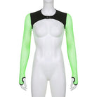 Neon Green Butterfly Crop Top with Mesh Long Sleeves - Cosparty