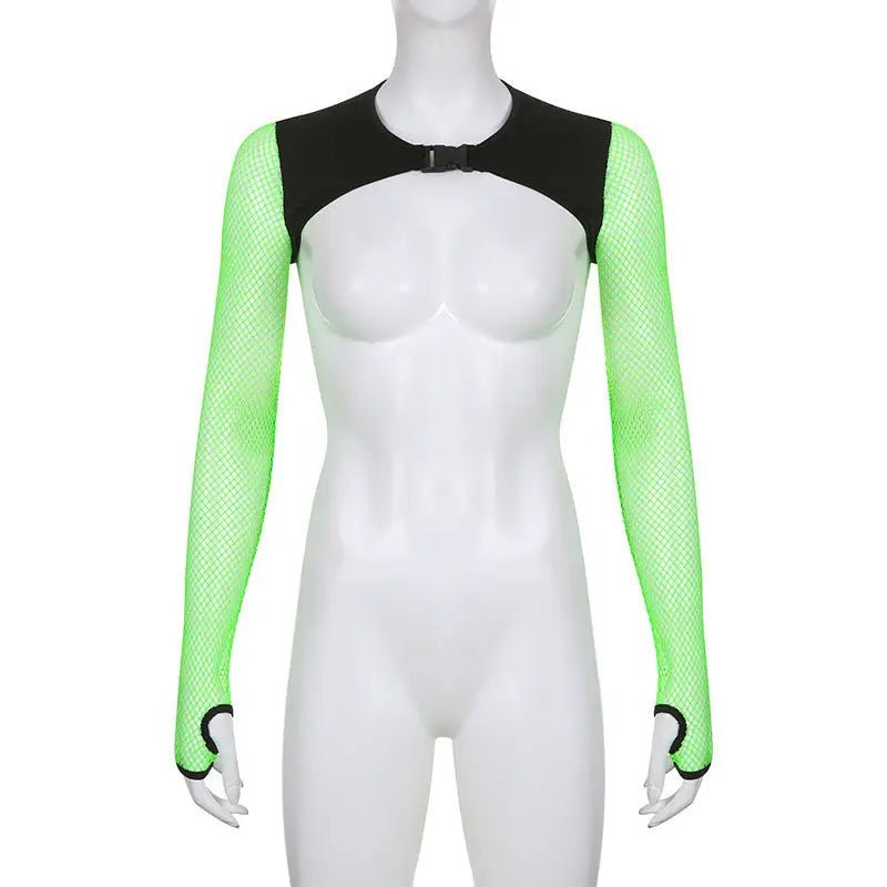 Neon Green Butterfly Crop Top with Mesh Long Sleeves - Cosparty
