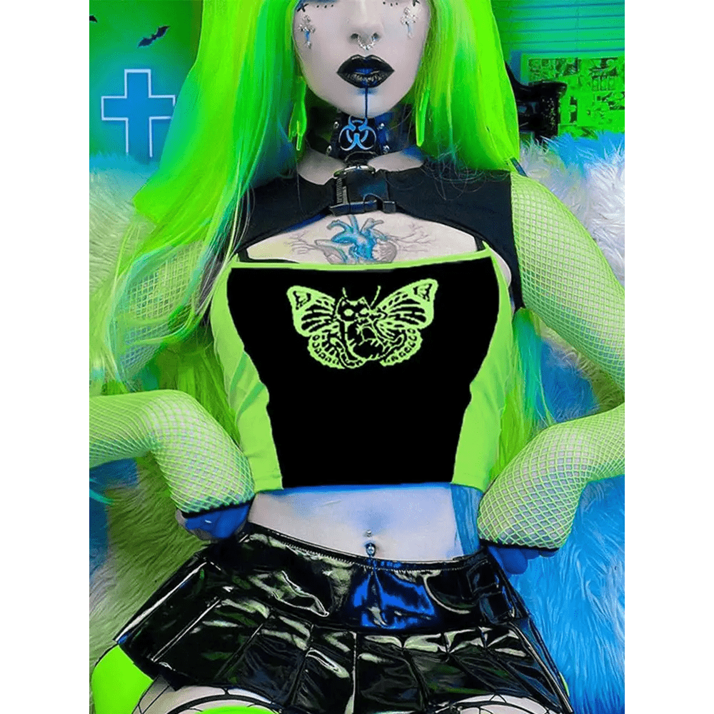 Neon Green Butterfly Crop Top with Mesh Long Sleeves - Cosparty