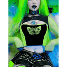 Neon Green Butterfly Crop Top with Mesh Long Sleeves - Cosparty