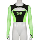 Neon Green Butterfly Crop Top with Mesh Long Sleeves - Cosparty