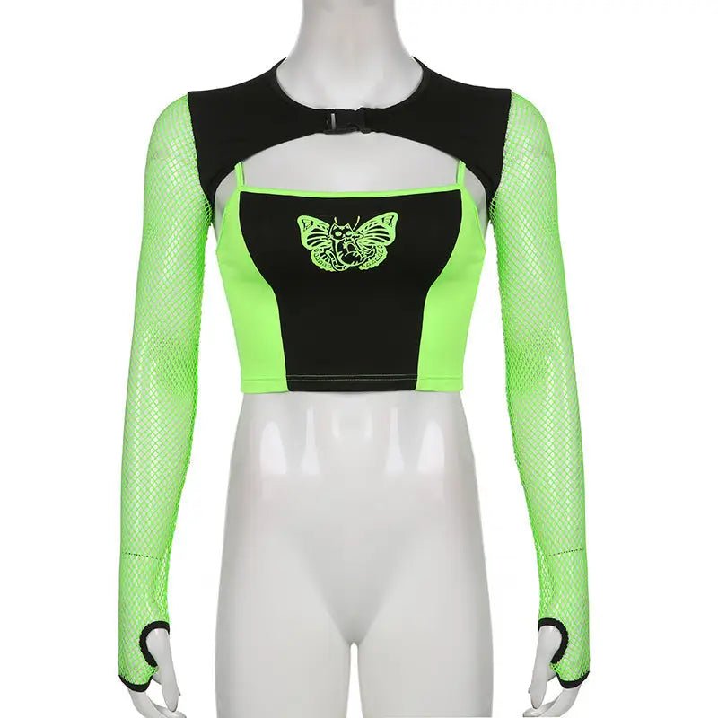 Neon Green Butterfly Crop Top with Mesh Long Sleeves - Cosparty