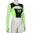 Neon Green Butterfly Crop Top with Mesh Long Sleeves - Cosparty