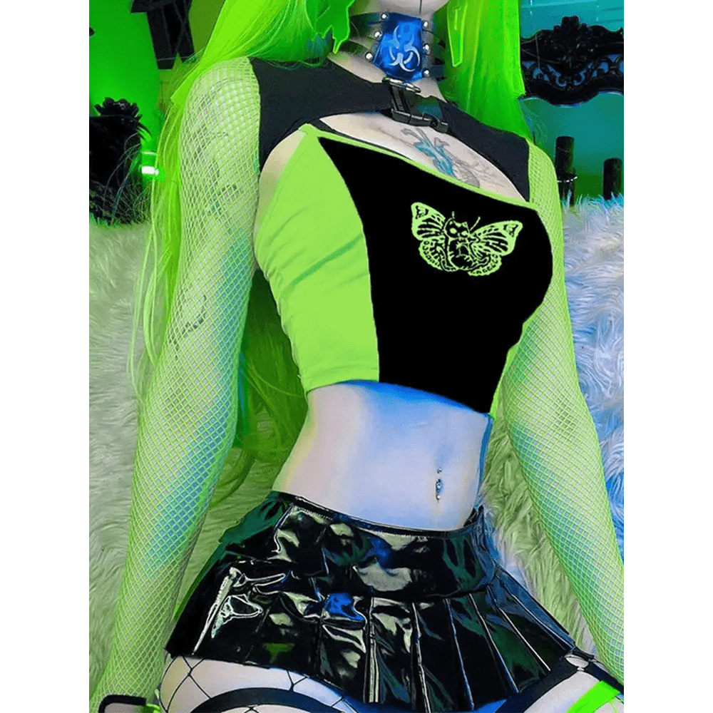 Neon Green Butterfly Crop Top with Mesh Long Sleeves - Cosparty