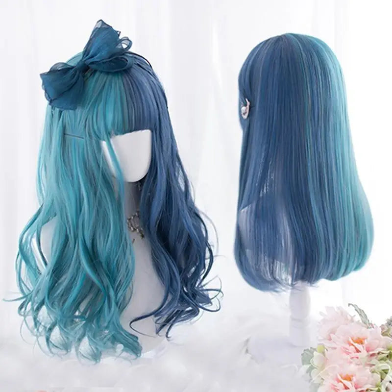 Ocean Blue Long Wavy Lolita Wig with Sweet Fringe - wigs