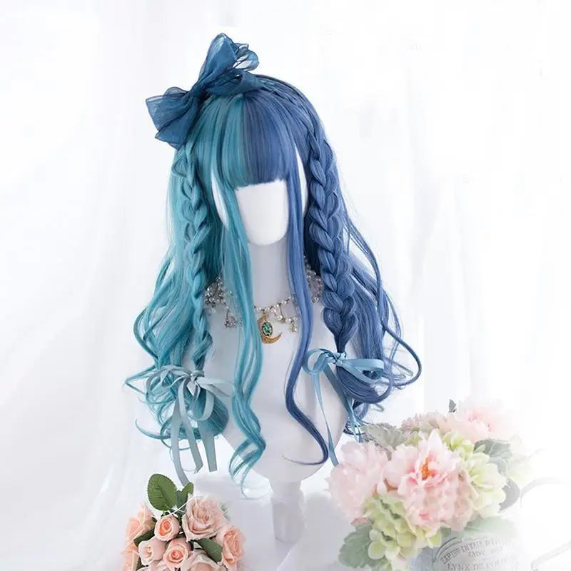 Ocean Blue Long Wavy Lolita Wig with Sweet Fringe - wigs