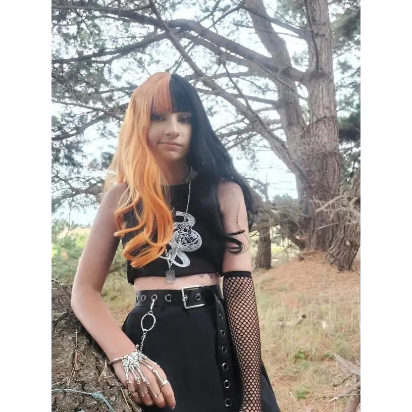 Orange and Black Lolita Wig with Sweet Fringe for Gothic Aesthetic - wig