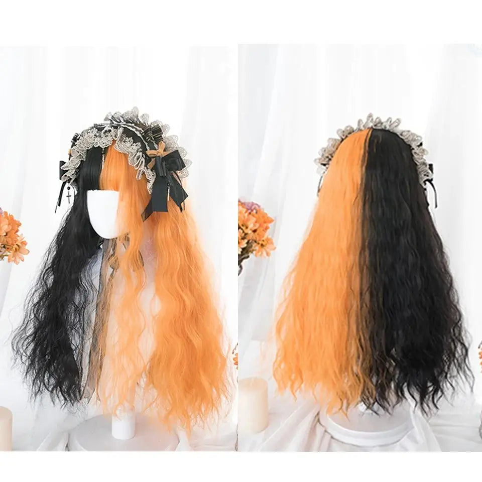 Orange and Black Lolita Wig with Sweet Fringe for Gothic Aesthetic - wig