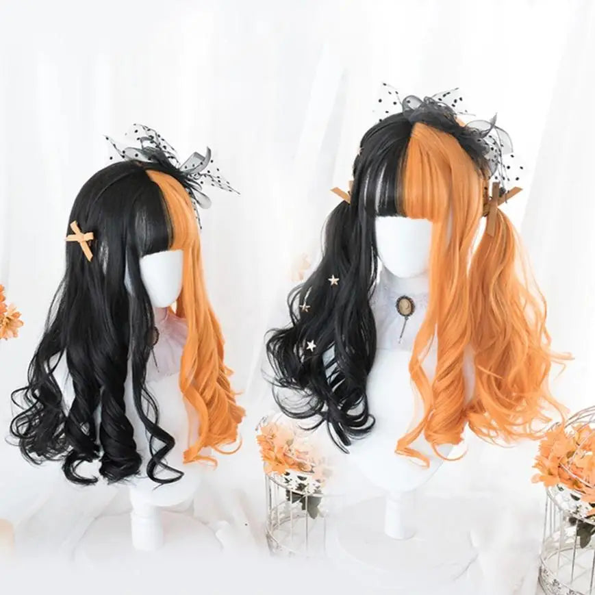 Orange and Black Lolita Wig with Sweet Fringe for Gothic Aesthetic - wig