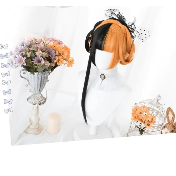 Orange and Black Lolita Wig with Sweet Fringe for Gothic Aesthetic - wig