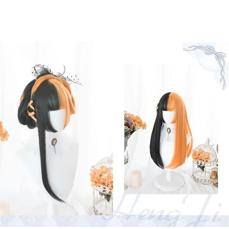 Orange and Black Lolita Wig with Sweet Fringe for Gothic Aesthetic - wig