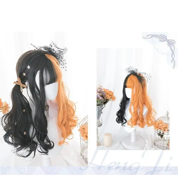 Orange and Black Lolita Wig with Sweet Fringe for Gothic Aesthetic - wig